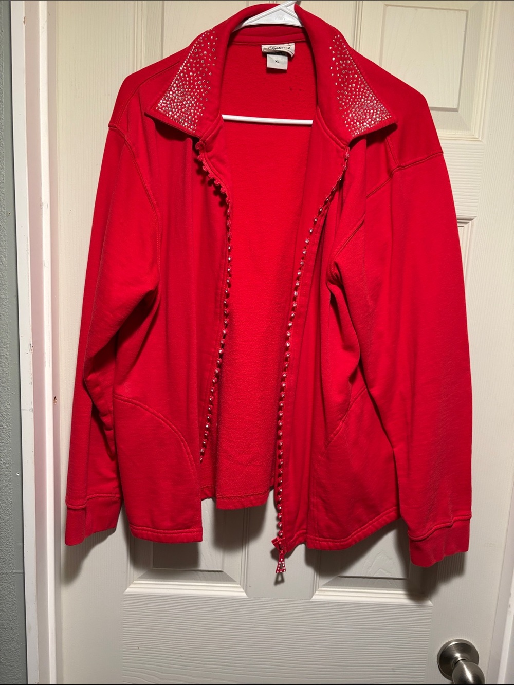 Women's Red Zip-Up Sweater Jacket with Rhinestone Collar